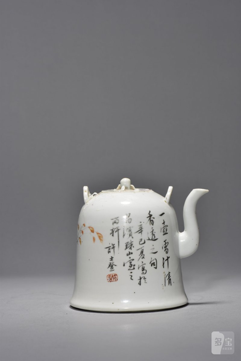 清光绪 许士登浅绛彩花鸟钟形壶 - 图4